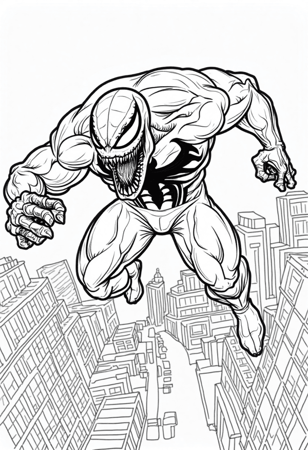 Venom leaping across the city coloring page