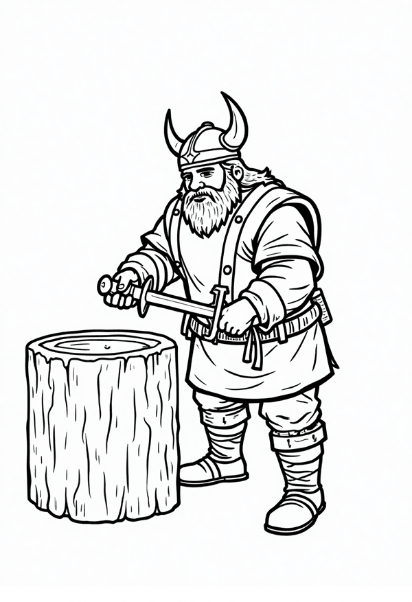 Viking blacksmith crafting a sword coloring page