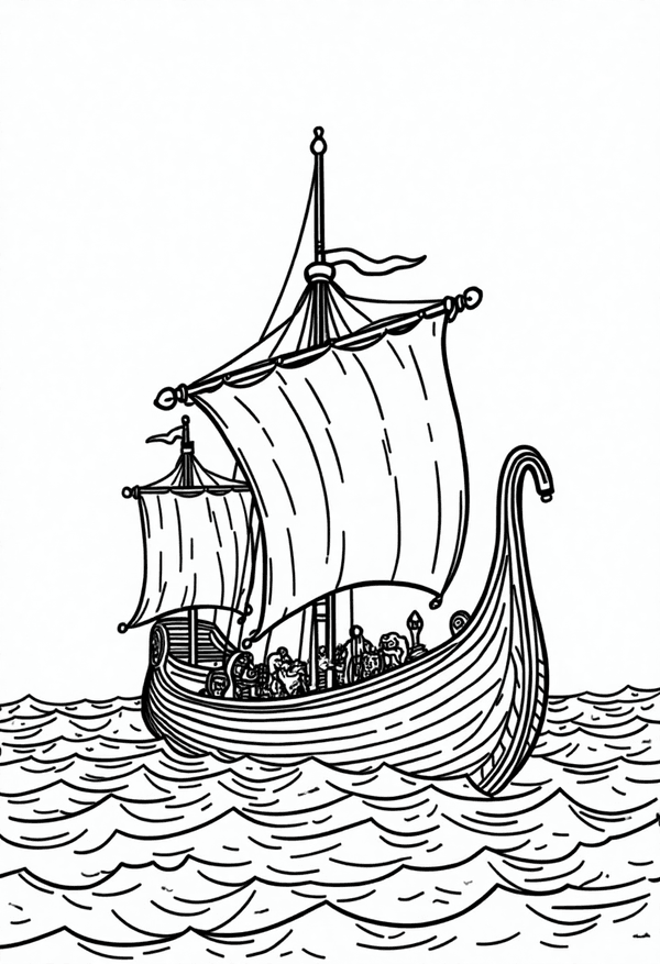 Viking ship sailing through stormy seas coloring page