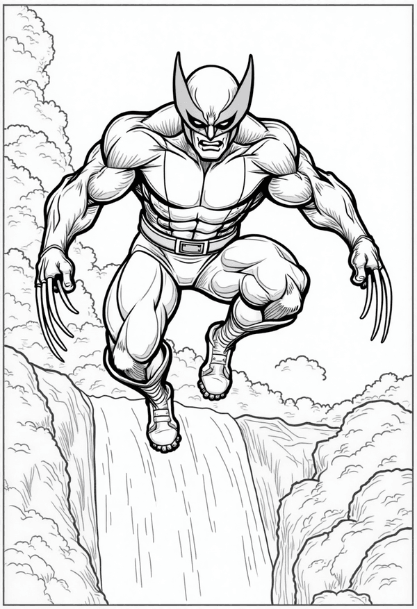 Wolverine leaping over a waterfall coloring page
