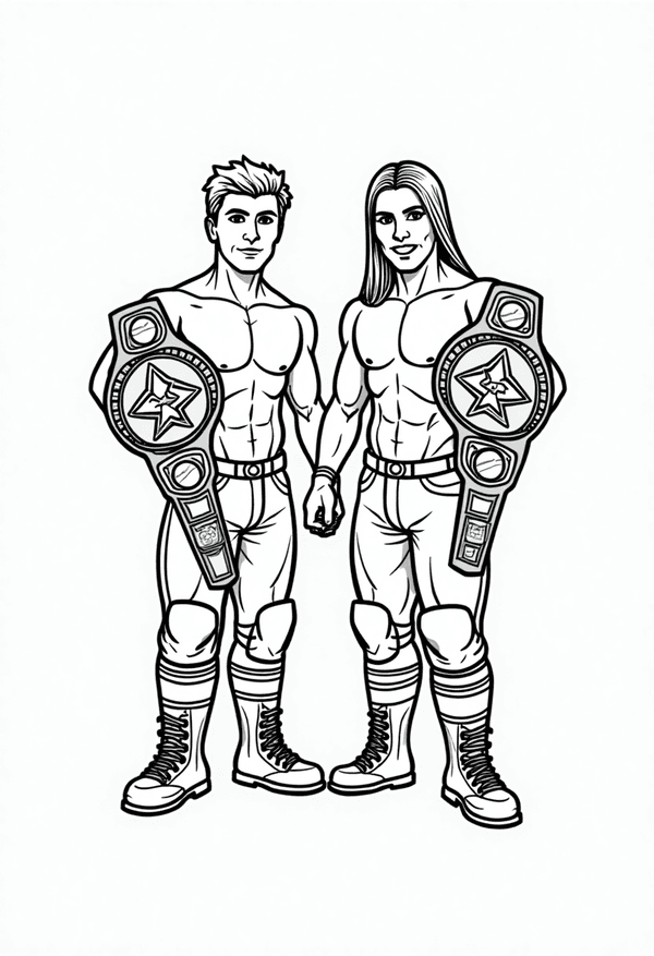 Tag team champions holding belts coloring page