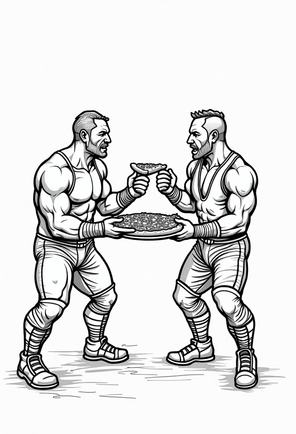 Wrestlers having a pizza party coloring page