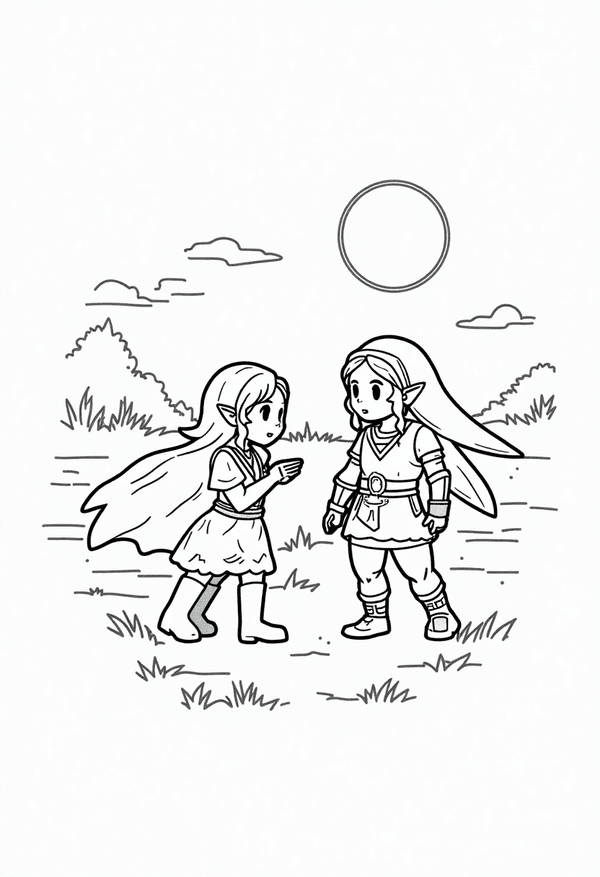 Impa protecting Zelda at sunset coloring page