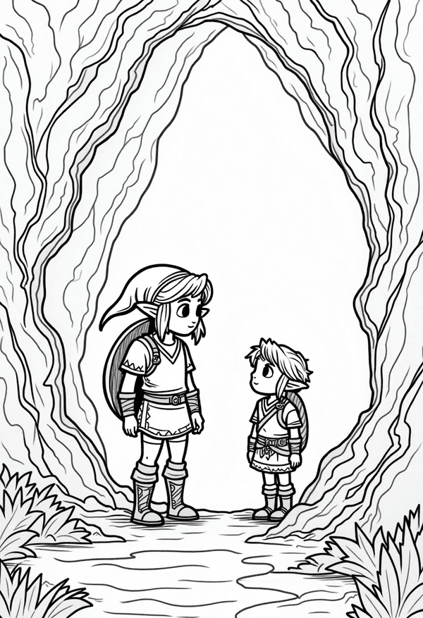 Link and Navi exploring a mysterious cave coloring page