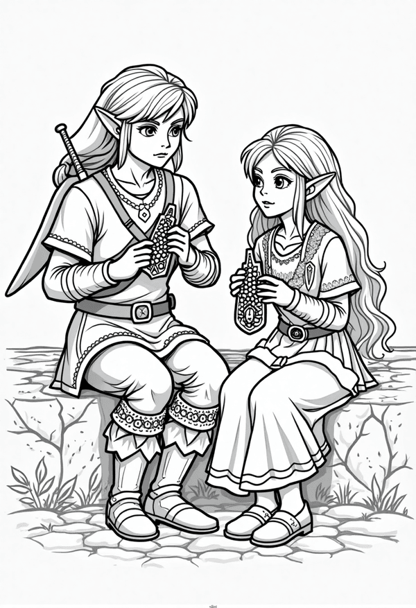 Link and Zelda playing ocarinas together coloring page