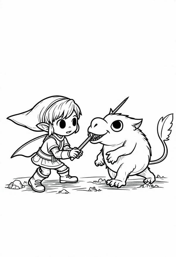 Link battling a Moblin in the forest coloring page
