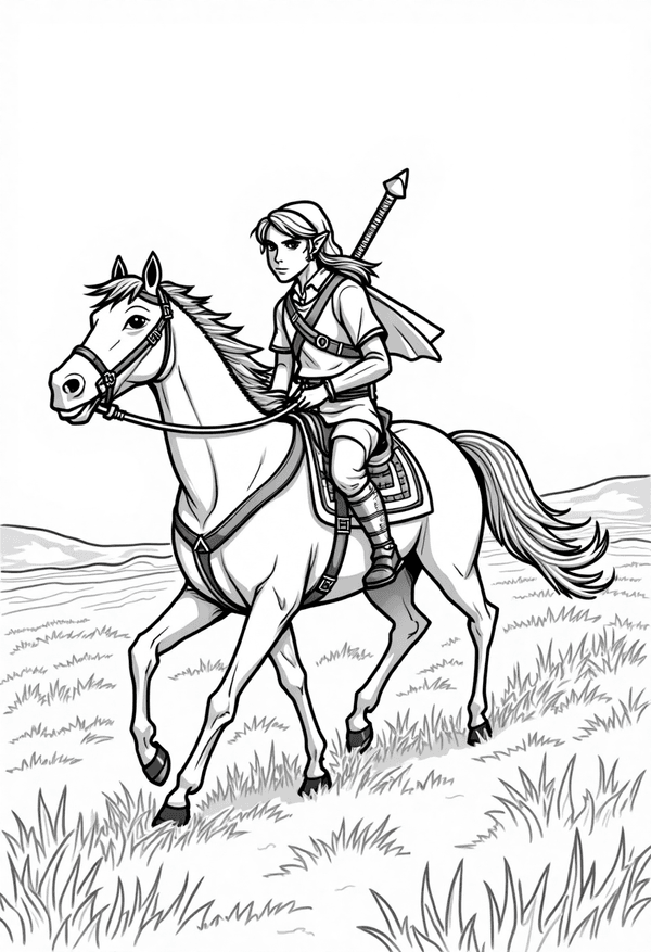 Link riding Epona across Hyrule Field coloring page