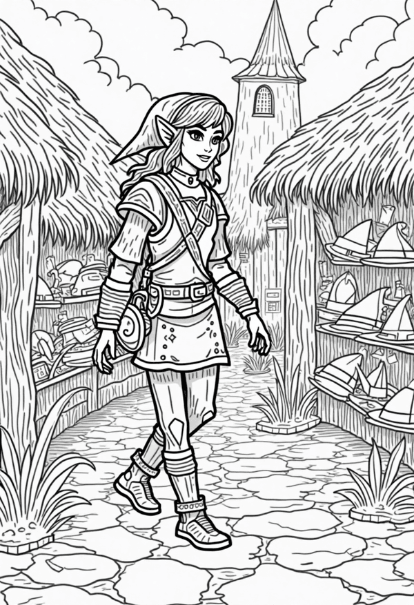 Link shopping for hats in Hateno Village coloring page