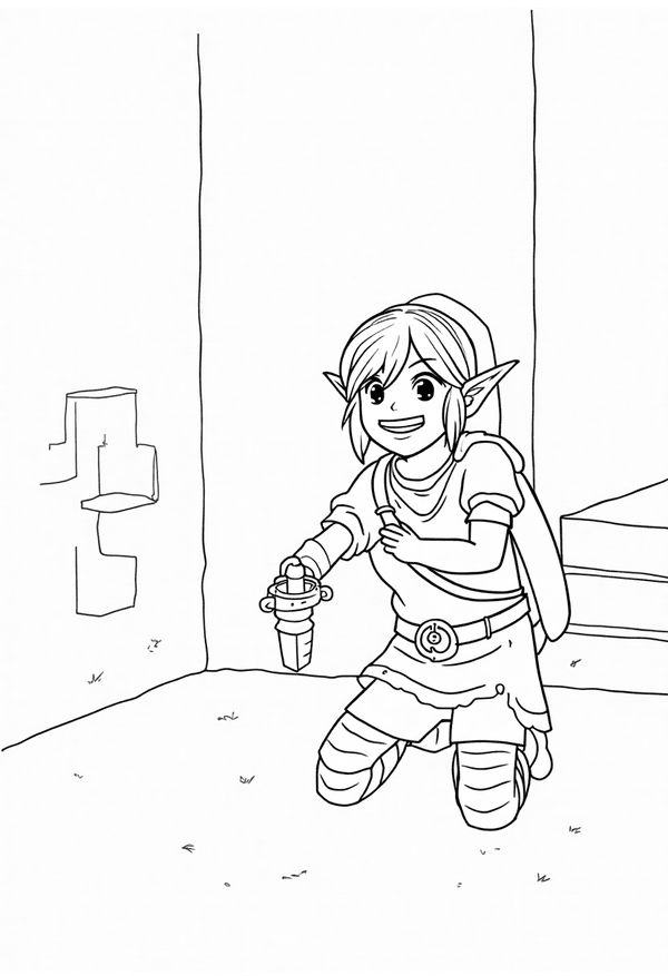 Link solving a puzzle in a temple coloring page