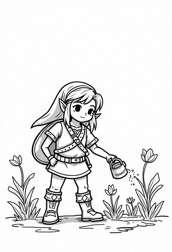 Link watering flowers in Kakariko Village coloring page