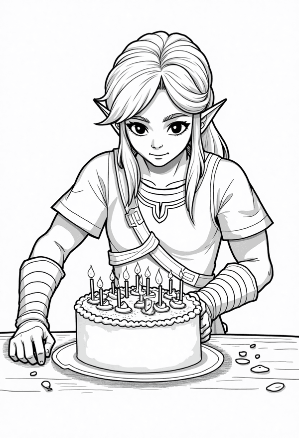 Zelda baking a birthday cake for Link coloring page