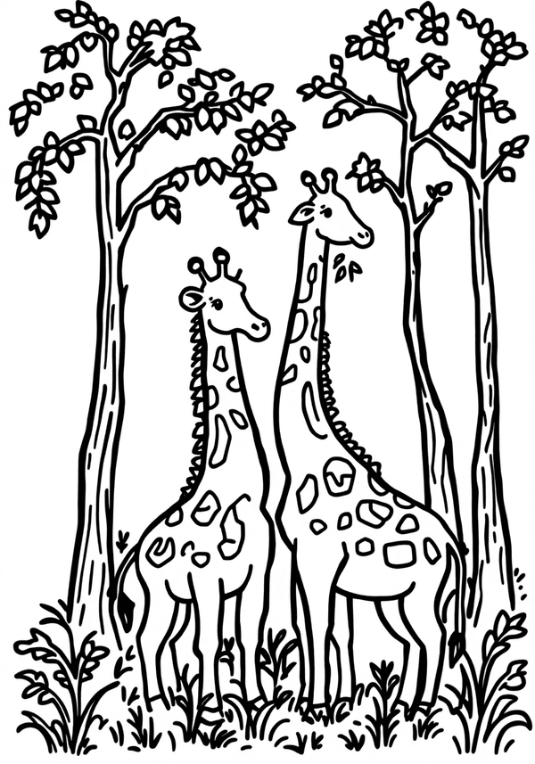 Giraffes nibbling leaves from tall trees coloring page