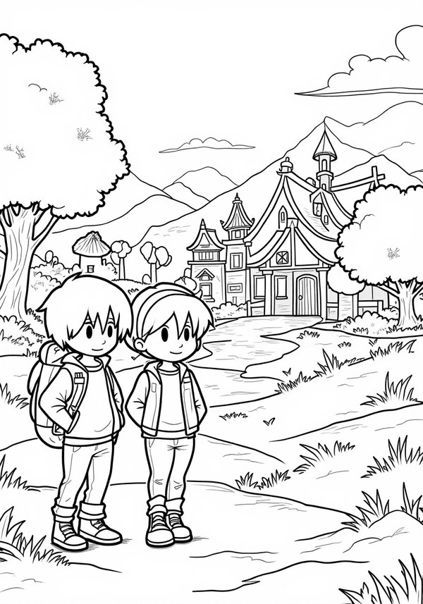 Adventurous siblings exploring a fantasy village coloring page