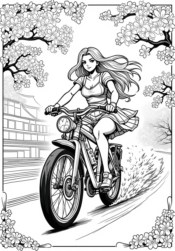 Anime character riding a bike down cherry lane coloring page