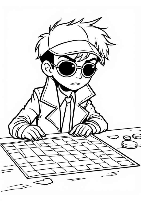 Anime detective solving a mysterious puzzle coloring page