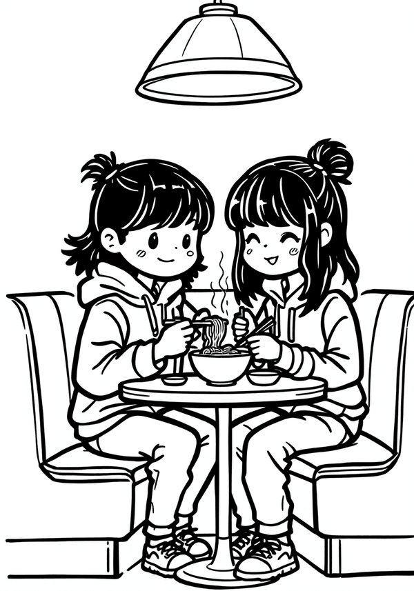 Anime friends sharing ramen at a cozy diner coloring page
