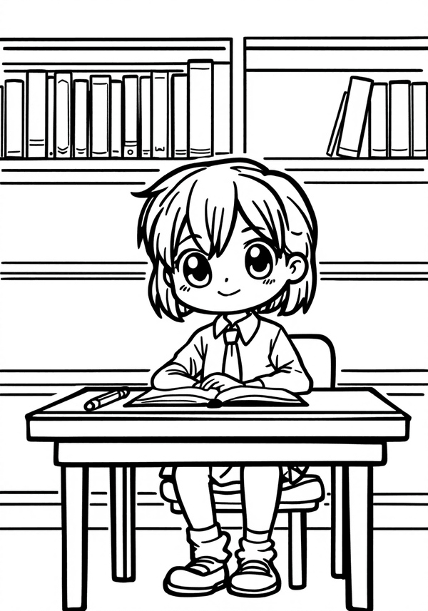 Anime student studying in a school library coloring page