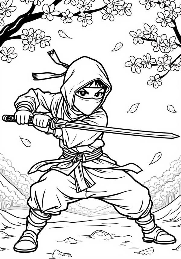 Heroic ninja training in cherry blossom garden coloring page