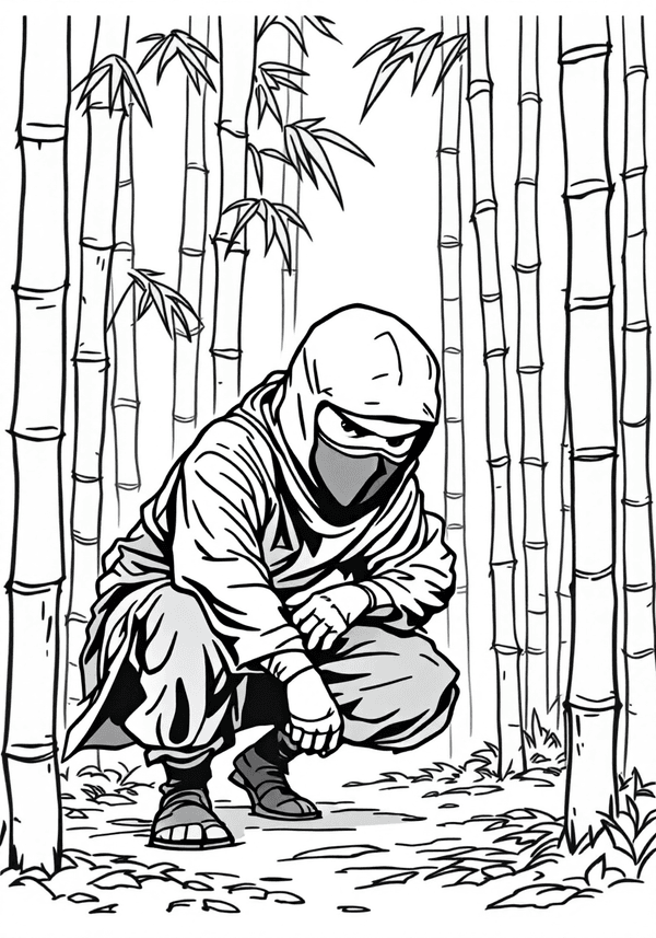 Ninja practicing stealth in a bamboo forest coloring page