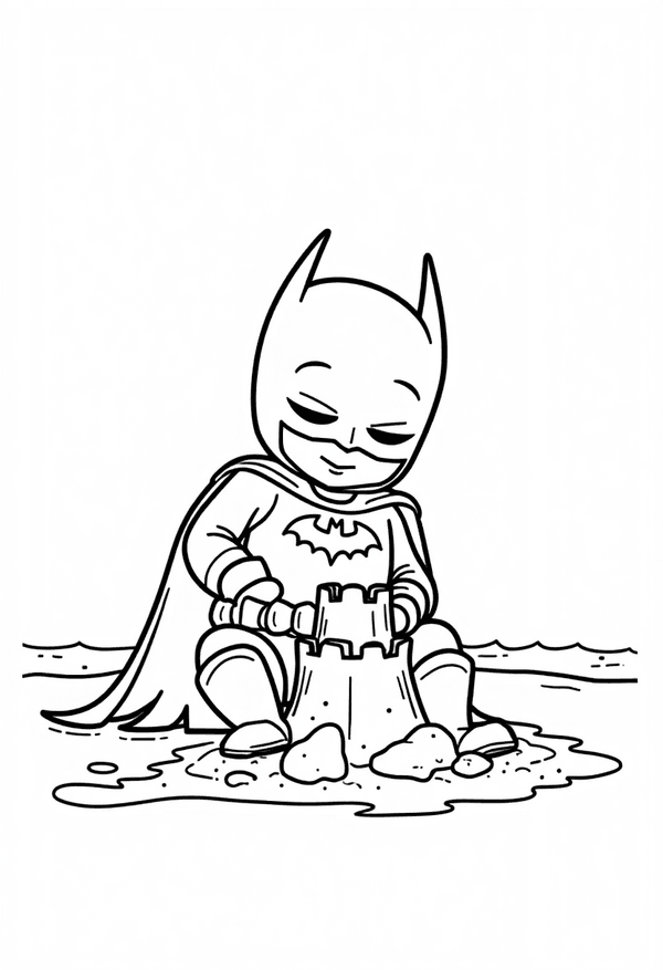 Batman building a sandcastle on the beach coloring page