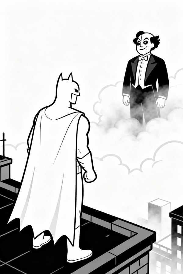 Batman facing Two-Face on a foggy rooftop coloring page