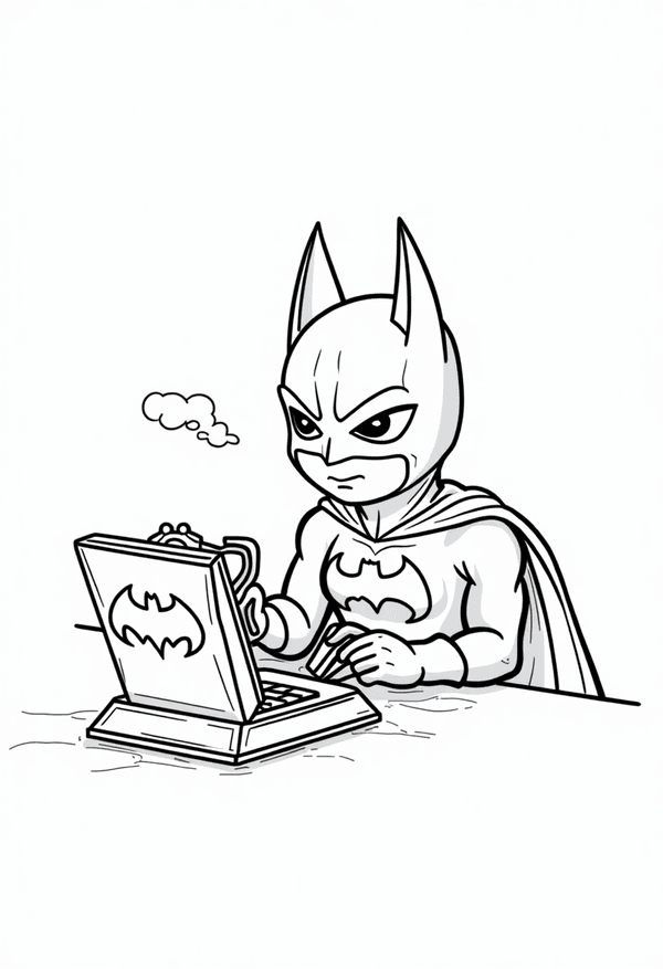 Batman fixing the Batcomputer with a toolbox coloring page
