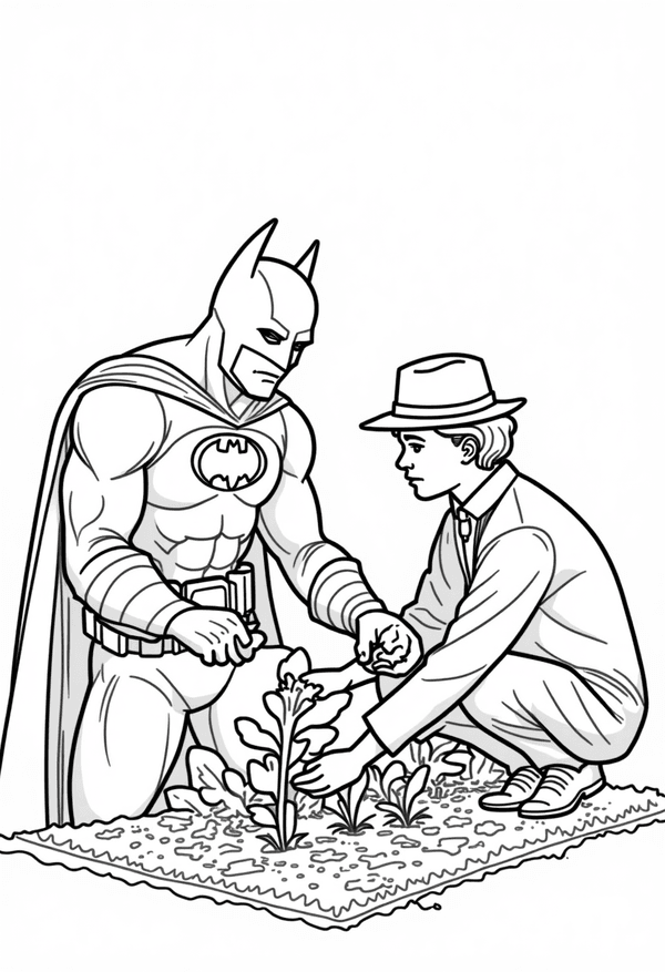Batman gardening with Alfred coloring page