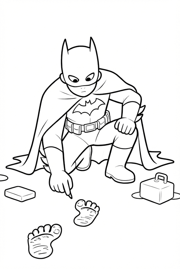 Batman investigating mysterious footprints coloring page