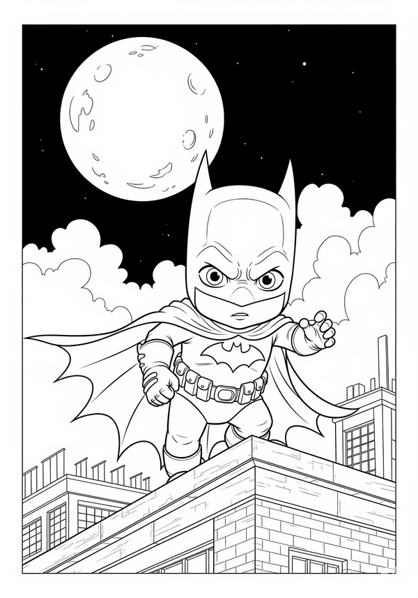 Batman on a Gotham rooftop under the moon coloring page
