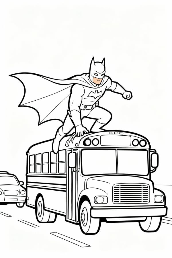 Batman rescuing a school bus in traffic coloring page