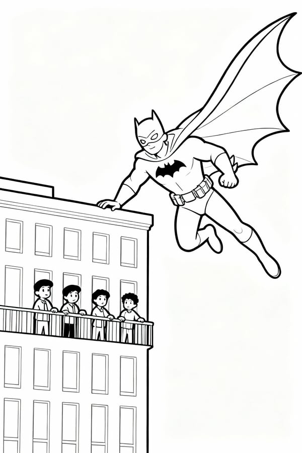 Batman rescuing hostages from a warehouse coloring page
