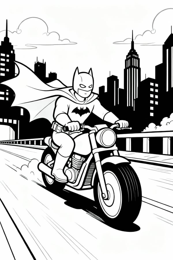 Batman riding a motorcycle across Gotham coloring page