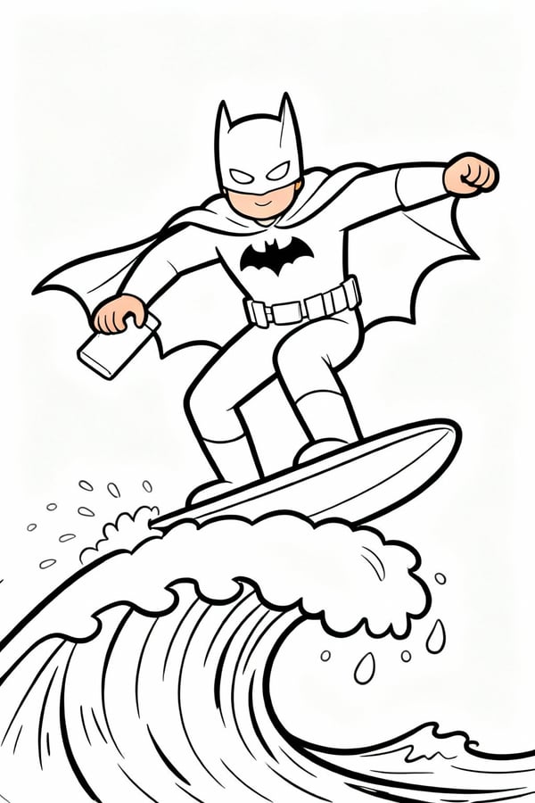 Batman surfing on a tidal wave coloring page