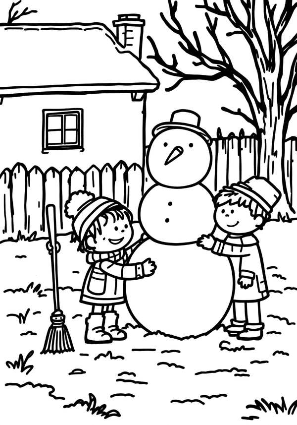Children building a snowman in the yard coloring page
