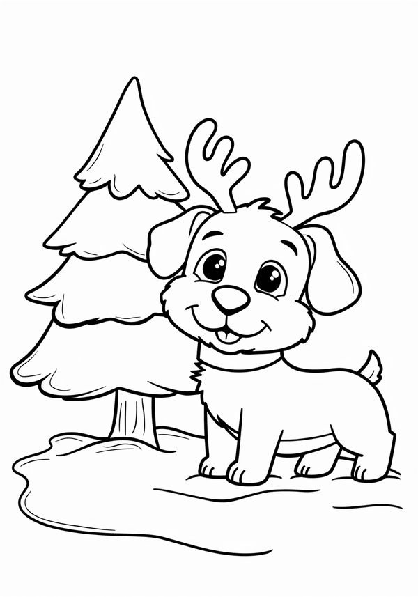 Dog wearing reindeer antlers by the Christmas tree coloring page