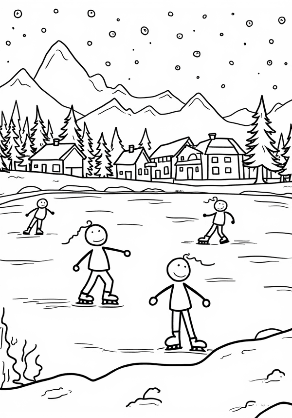Ice skating in the park on Christmas Day coloring page