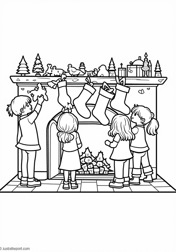 Kids hanging stockings by the fireplace coloring page