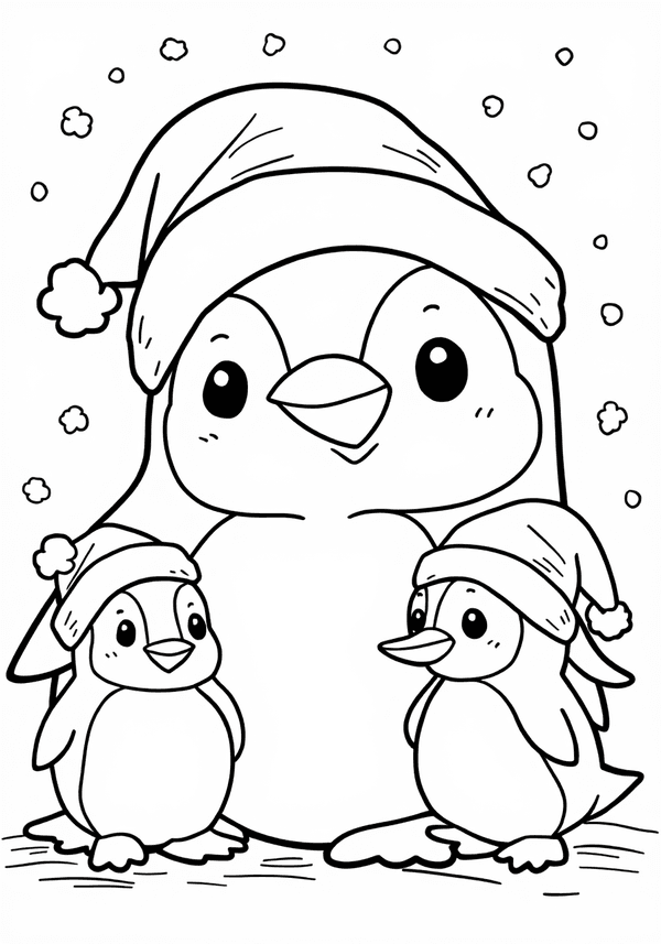 Penguins wearing Santa hats at the North Pole coloring page