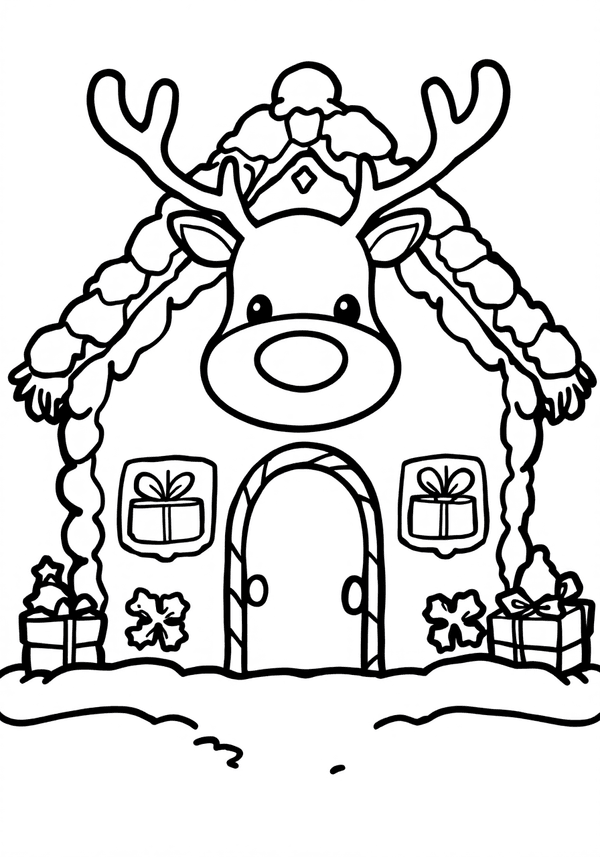 Reindeer decorating a gingerbread house coloring page