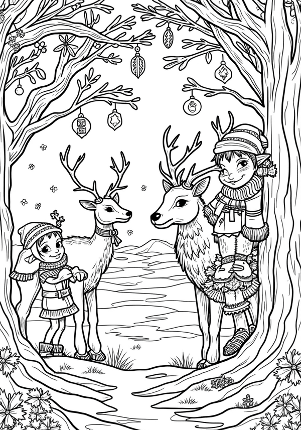 Reindeer playing hide and seek with elves coloring page