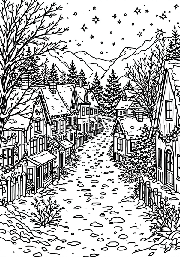 Snowy village with twinkling holiday lights coloring page