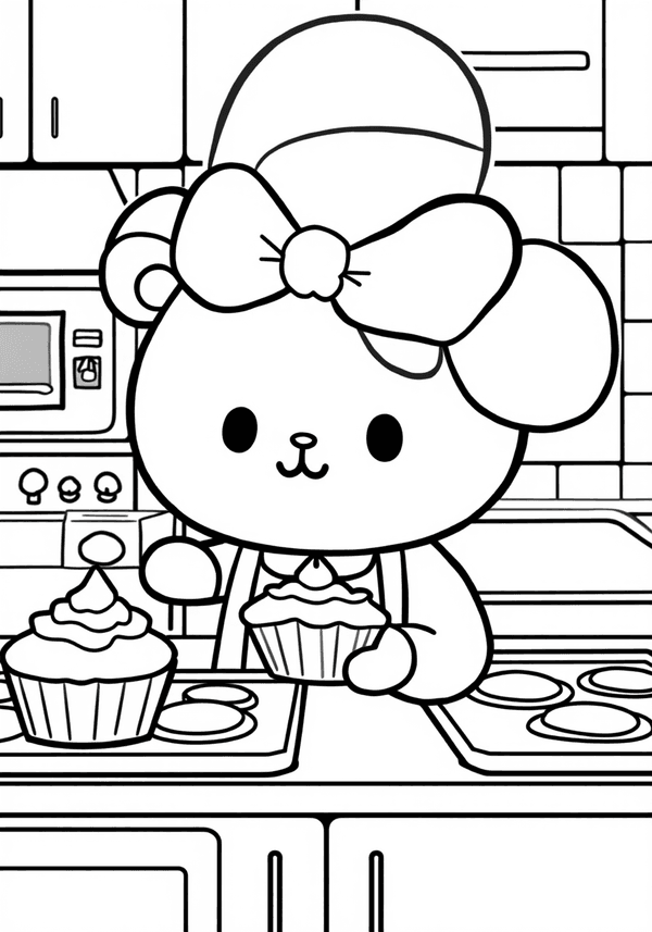 Cinnamoroll baking cupcakes in the kitchen coloring page