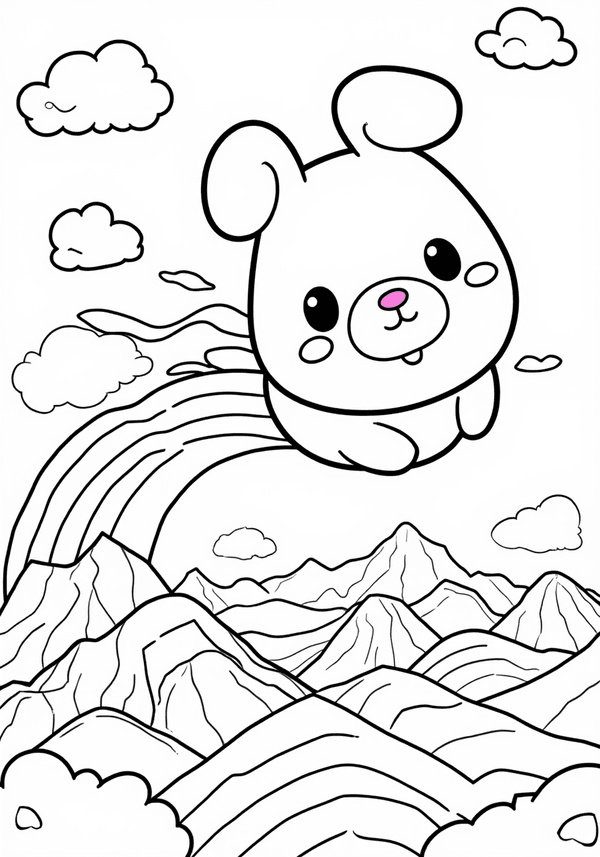 Cinnamoroll flying over rainbow mountains coloring page