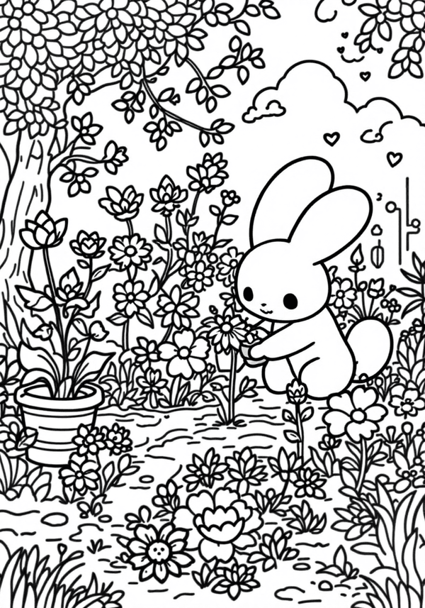 Cinnamoroll planting flowers in the garden coloring page
