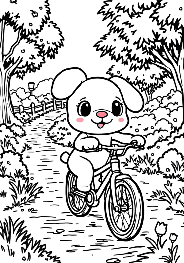Cinnamoroll riding a bicycle in the park coloring page