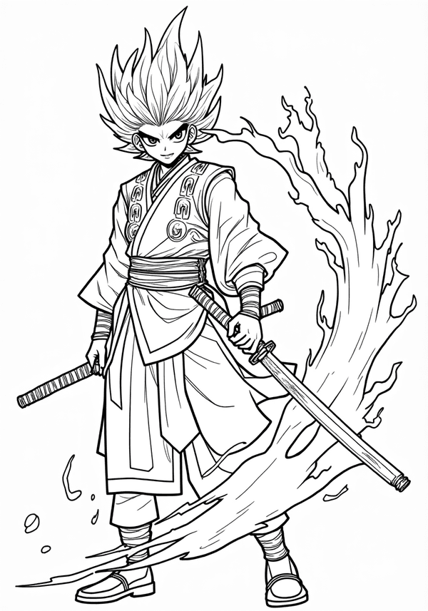 Kyojuro Rengoku with Flaming Katana coloring page