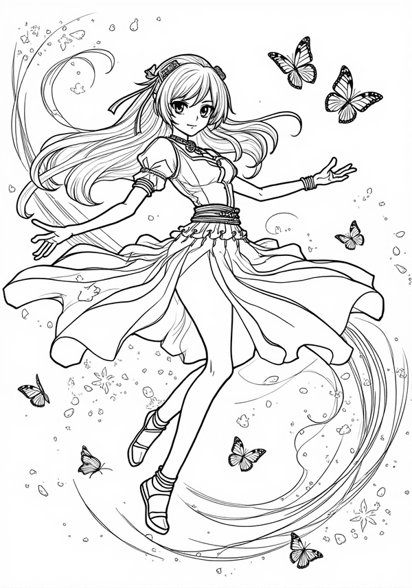 Shinobu Kocho dancing among butterflies coloring page