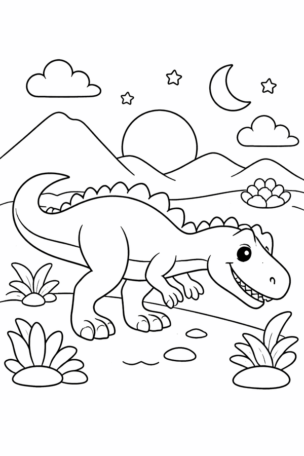 Allosaurus searching for food at dusk coloring page