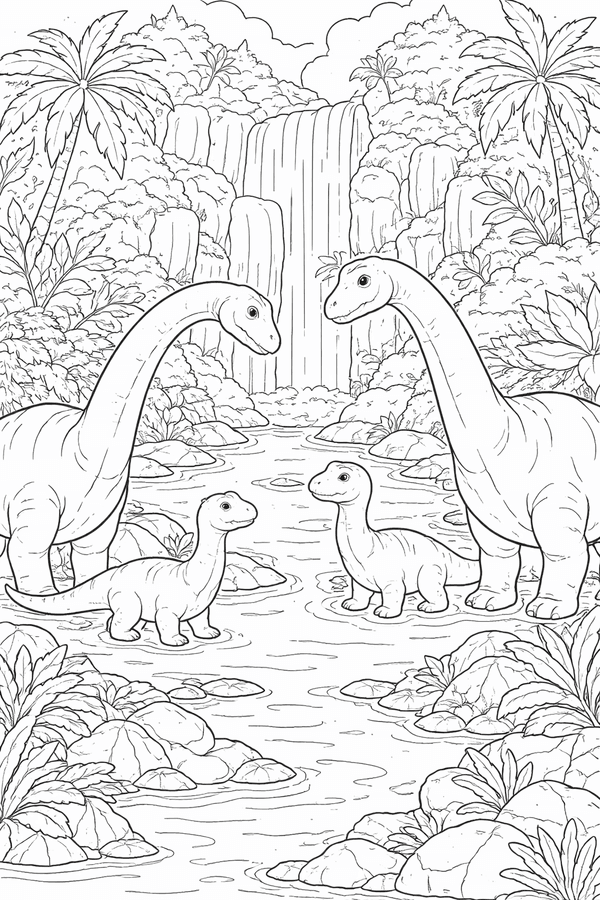 Apatosaurus family by the waterfall coloring page