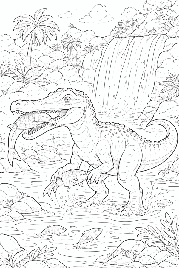 Baryonyx catching fish near waterfall coloring page